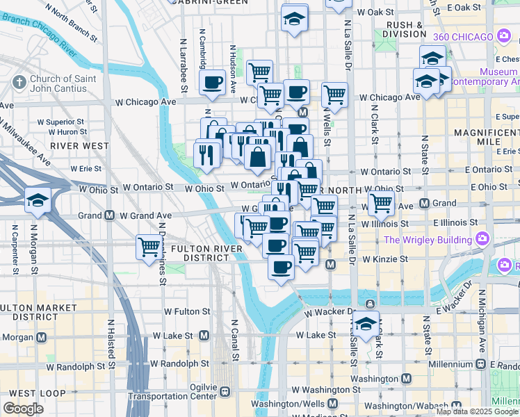 map of restaurants, bars, coffee shops, grocery stores, and more near 420 West Grand Avenue in Chicago