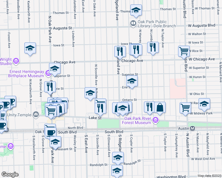 map of restaurants, bars, coffee shops, grocery stores, and more near 304 North Elmwood Avenue in Oak Park