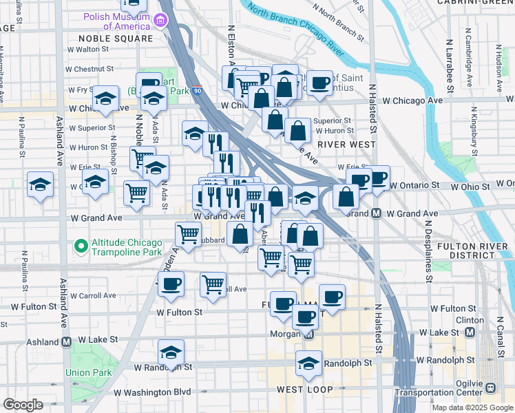 map of restaurants, bars, coffee shops, grocery stores, and more near 540 West Grand Avenue in Chicago