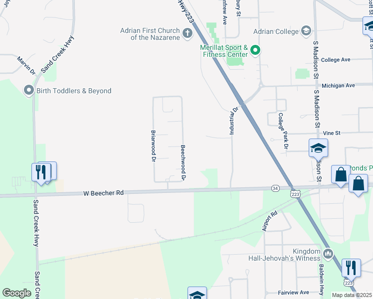 map of restaurants, bars, coffee shops, grocery stores, and more near 1470 Enterprise Drive in Adrian