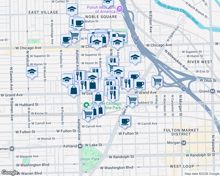 map of restaurants, bars, coffee shops, grocery stores, and more near 1417 West Ohio Street in Chicago