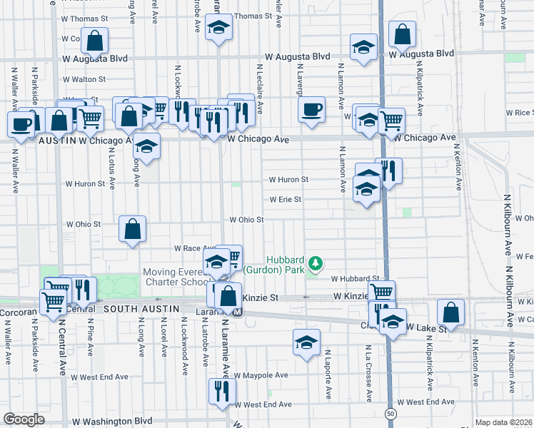 map of restaurants, bars, coffee shops, grocery stores, and more near 622 North Leclaire Avenue in Chicago