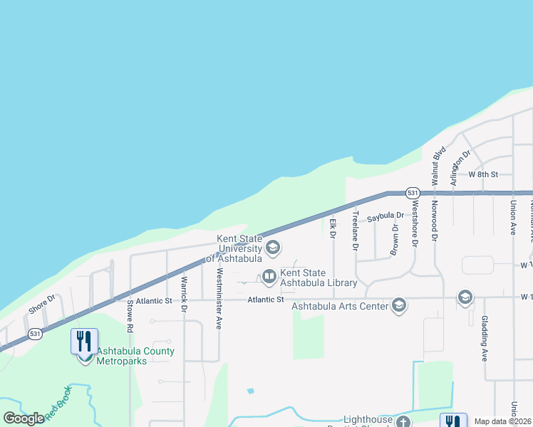 map of restaurants, bars, coffee shops, grocery stores, and more near 3335 Lake Road West in Ashtabula