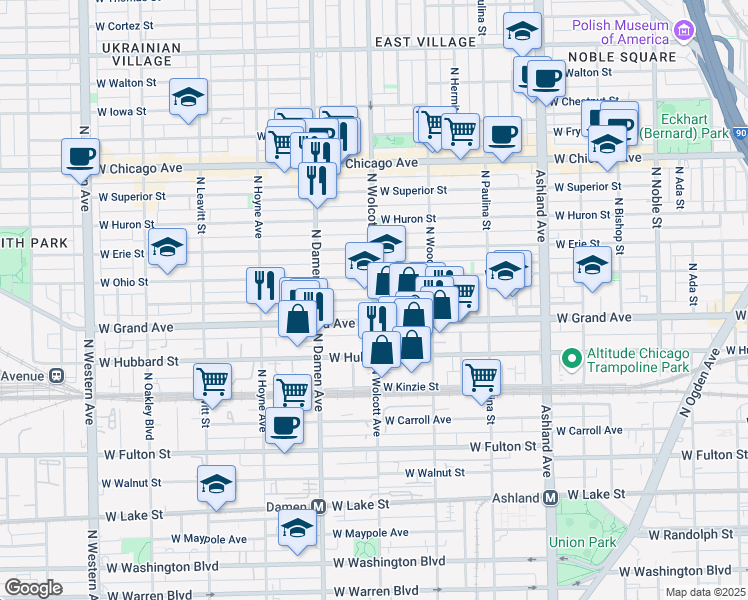 map of restaurants, bars, coffee shops, grocery stores, and more near N Wolcott Ave & W Race Ave in Chicago