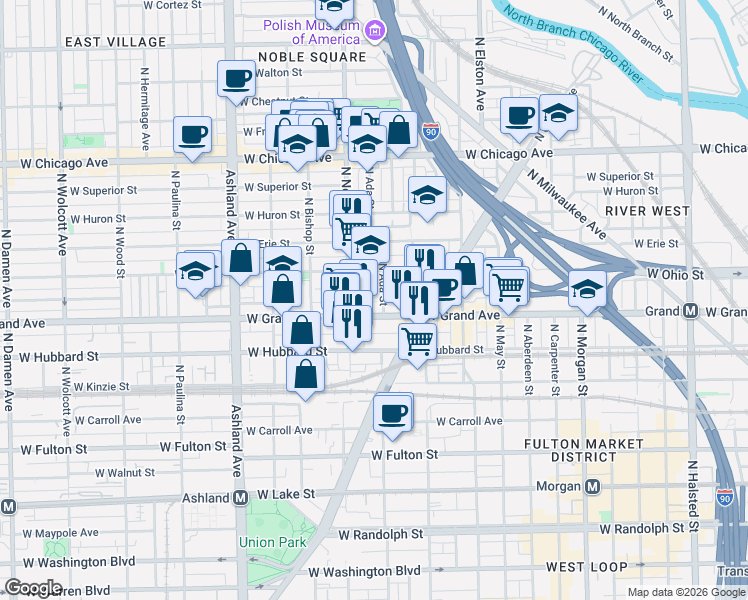 map of restaurants, bars, coffee shops, grocery stores, and more near 514 North Ada Street in Chicago