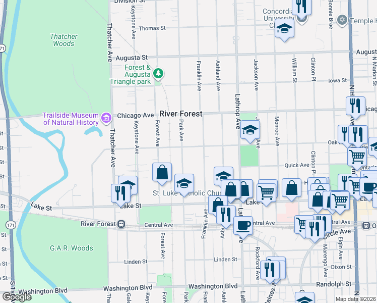 map of restaurants, bars, coffee shops, grocery stores, and more near 703 Park Avenue in River Forest
