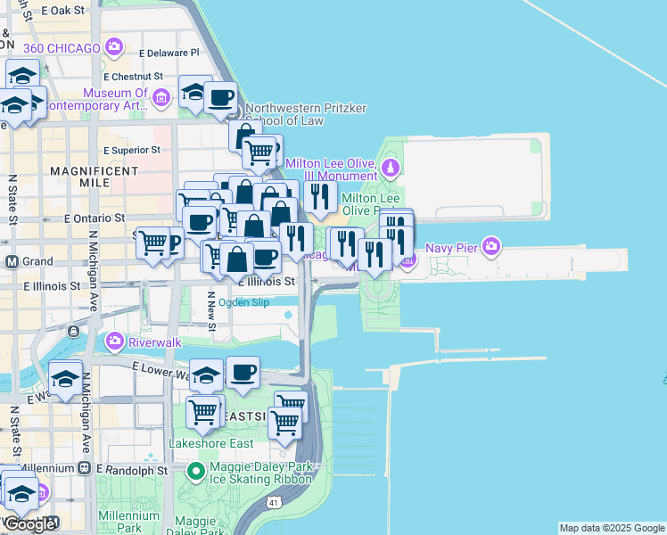 map of restaurants, bars, coffee shops, grocery stores, and more near 500 North Streeter Drive in Chicago