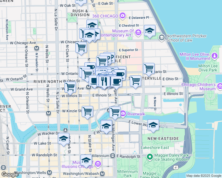 map of restaurants, bars, coffee shops, grocery stores, and more near 520 Lower Michigan Avenue in Chicago