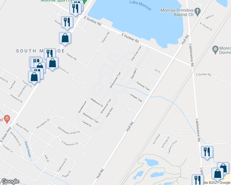 map of restaurants, bars, coffee shops, grocery stores, and more near 172 Oakridge South in Monroe