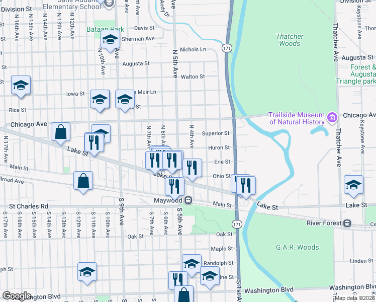 map of restaurants, bars, coffee shops, grocery stores, and more near 416 North 4th Avenue in Maywood