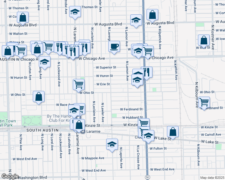 map of restaurants, bars, coffee shops, grocery stores, and more near 4945 West Erie Street in Chicago