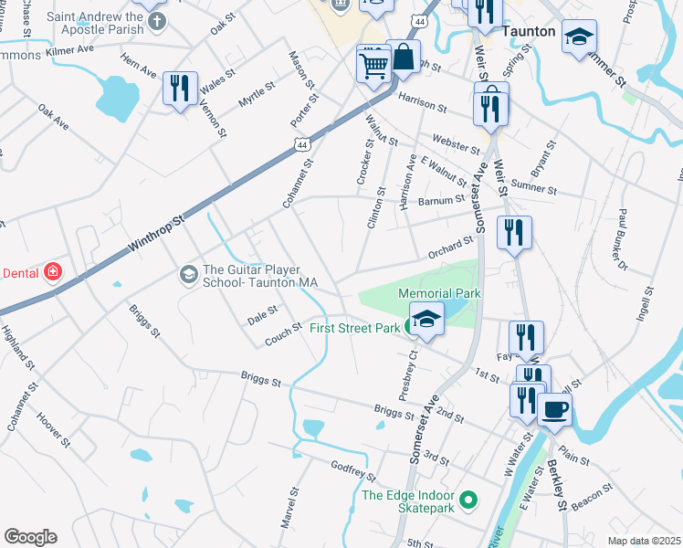 map of restaurants, bars, coffee shops, grocery stores, and more near 59 Orchard Street in Taunton