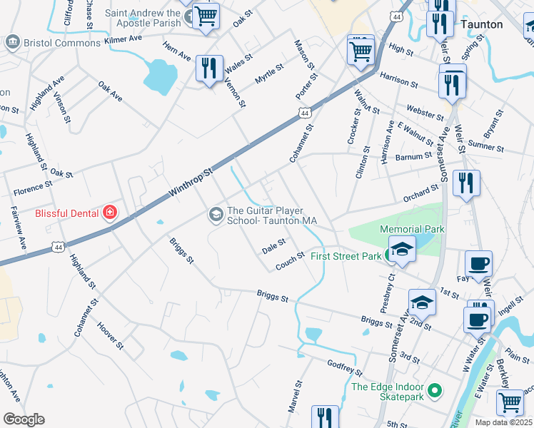 map of restaurants, bars, coffee shops, grocery stores, and more near 13 General Cobb Street in Taunton