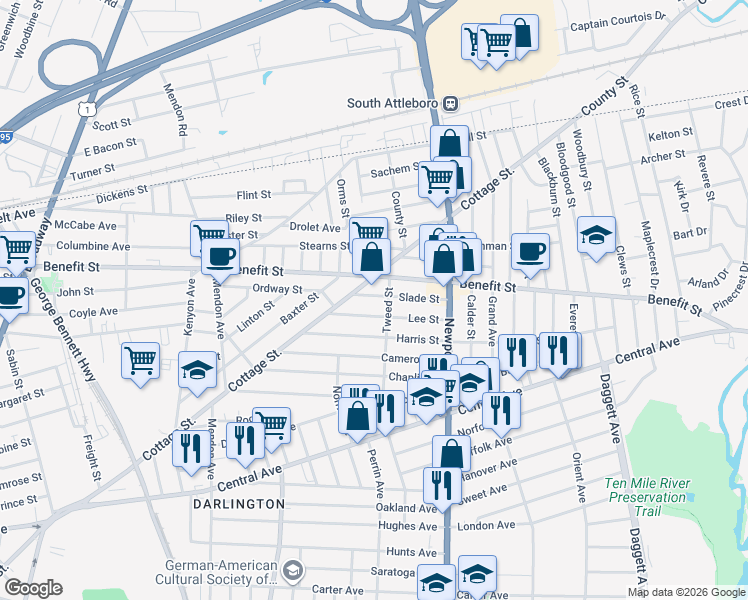 map of restaurants, bars, coffee shops, grocery stores, and more near 632 Cottage Street in Pawtucket
