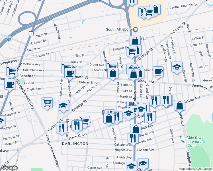 map of restaurants, bars, coffee shops, grocery stores, and more near 634 Cottage Street in Pawtucket