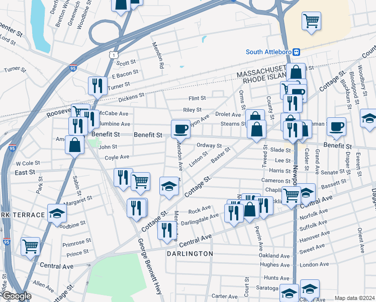 map of restaurants, bars, coffee shops, grocery stores, and more near 1 Ordway Street in Pawtucket