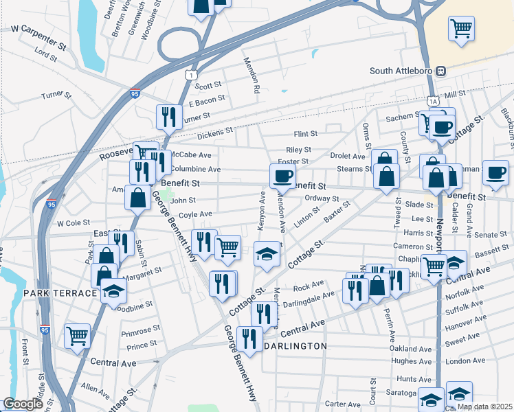 map of restaurants, bars, coffee shops, grocery stores, and more near 216 Kenyon Avenue in Pawtucket