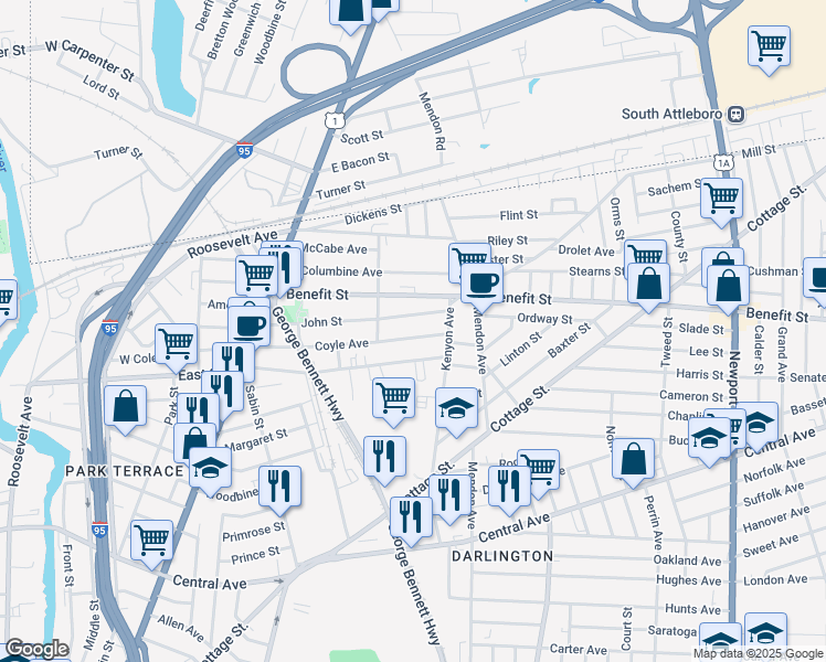 map of restaurants, bars, coffee shops, grocery stores, and more near 133 John Street in Pawtucket