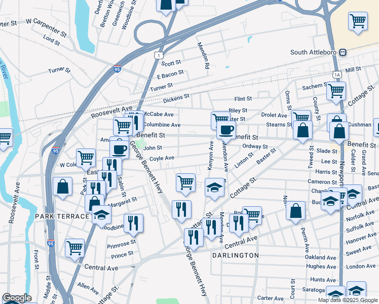 map of restaurants, bars, coffee shops, grocery stores, and more near 133 John Street in Pawtucket