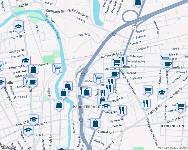 map of restaurants, bars, coffee shops, grocery stores, and more near 30 Appleton Avenue in Pawtucket