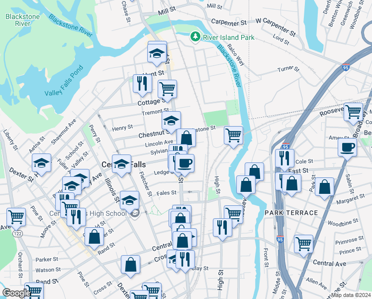 map of restaurants, bars, coffee shops, grocery stores, and more near 28 Bellevue Avenue in Central Falls