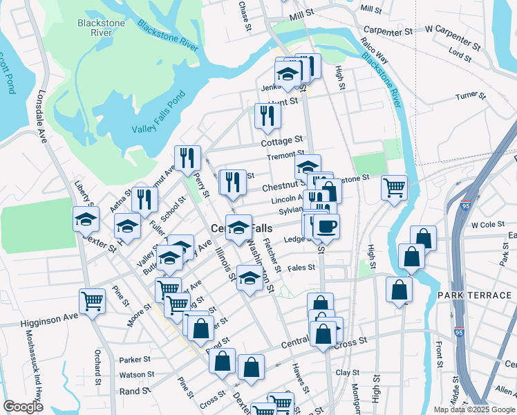 map of restaurants, bars, coffee shops, grocery stores, and more near 111 Lincoln Avenue in Central Falls