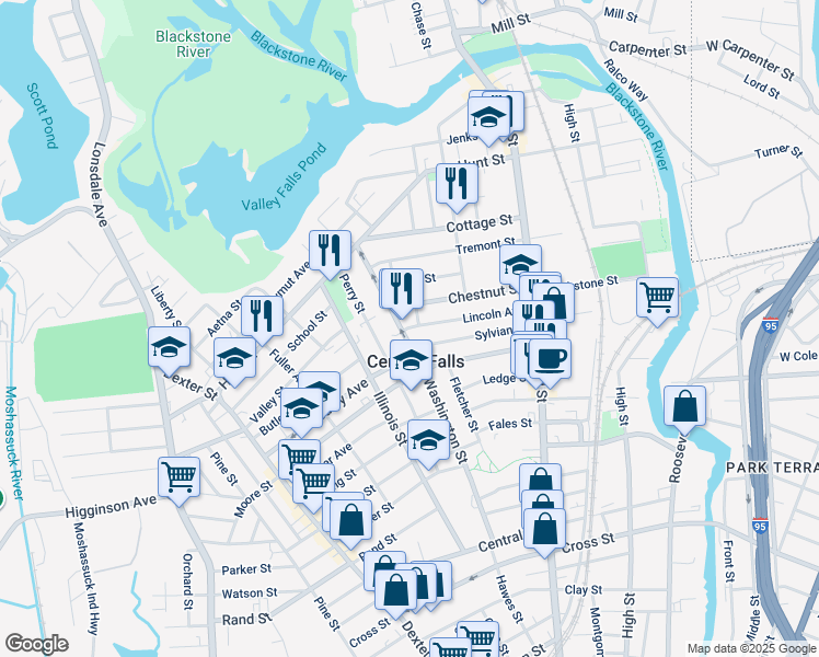 map of restaurants, bars, coffee shops, grocery stores, and more near 12 Acorn Street in Cumberland