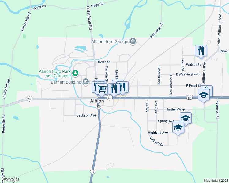 map of restaurants, bars, coffee shops, grocery stores, and more near 16 Market Street in Albion