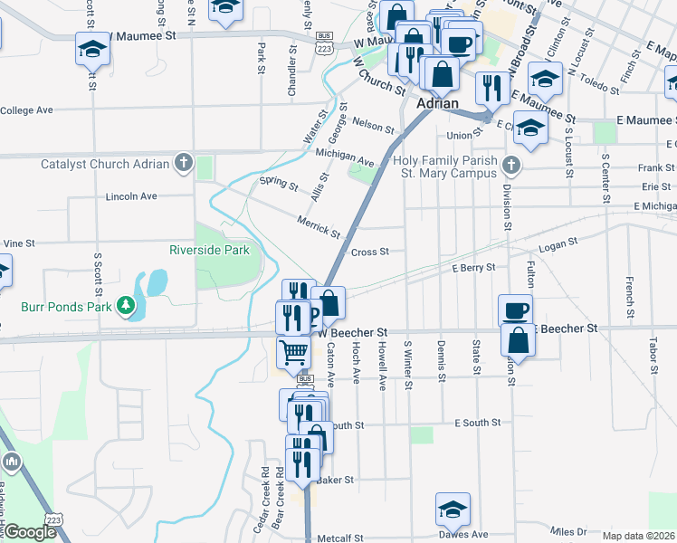 map of restaurants, bars, coffee shops, grocery stores, and more near 546 South Main Street in Adrian