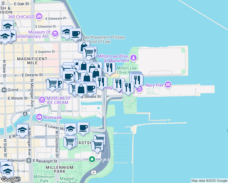 map of restaurants, bars, coffee shops, grocery stores, and more near 500 North Streeter Drive in Chicago