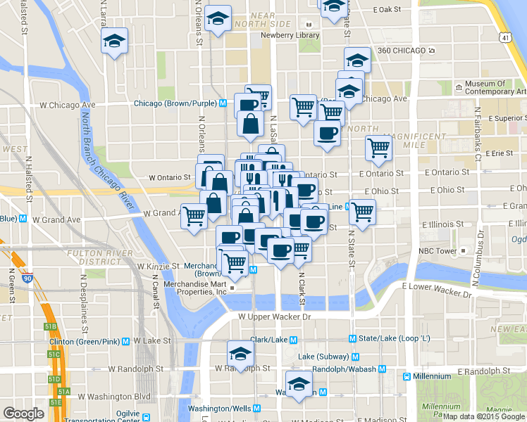 map of restaurants, bars, coffee shops, grocery stores, and more near 530 North LaSalle Drive in Chicago
