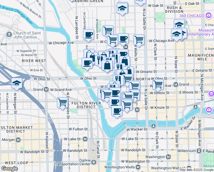 map of restaurants, bars, coffee shops, grocery stores, and more near 420 West Grand Avenue in Chicago