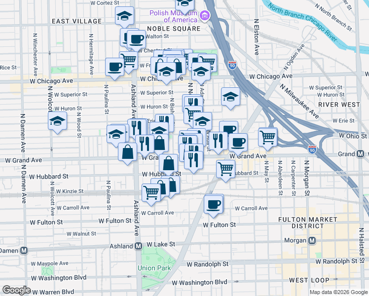 map of restaurants, bars, coffee shops, grocery stores, and more near 1417 West Ohio Street in Chicago