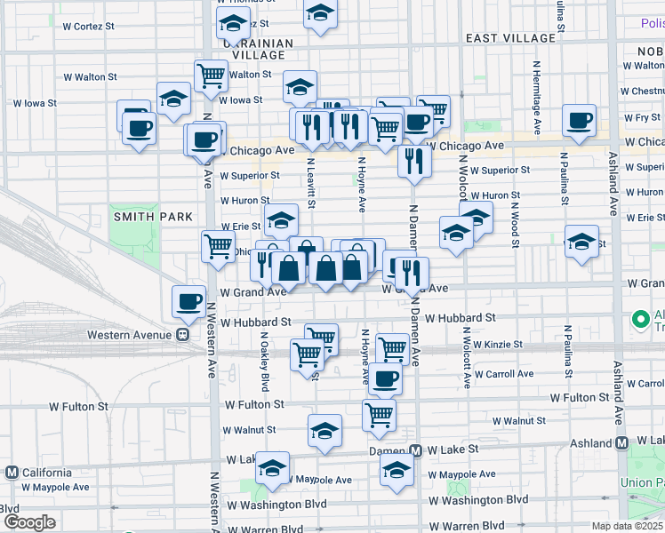 map of restaurants, bars, coffee shops, grocery stores, and more near 2141 West Ohio Street in Chicago