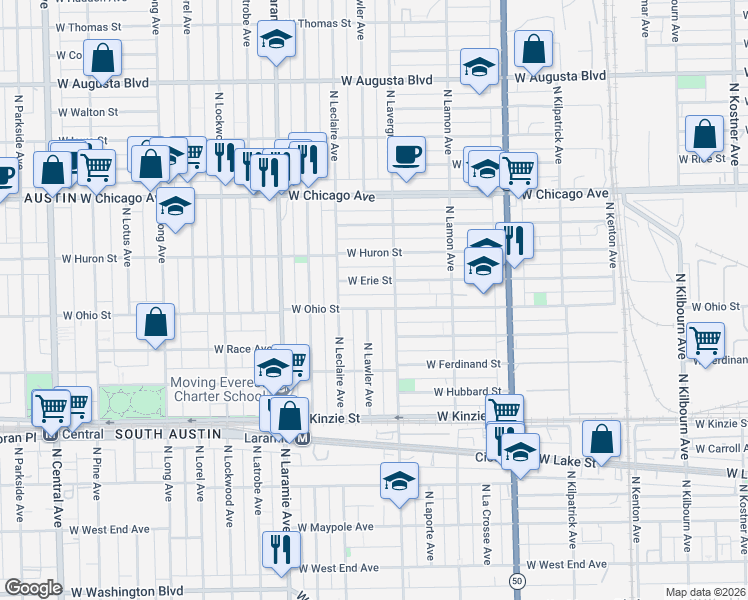 map of restaurants, bars, coffee shops, grocery stores, and more near 5021 West Erie Street in Chicago