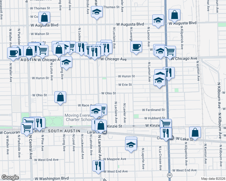 map of restaurants, bars, coffee shops, grocery stores, and more near 622 North Leclaire Avenue in Chicago