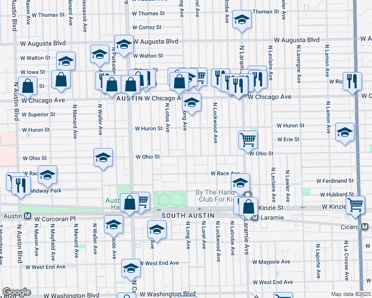map of restaurants, bars, coffee shops, grocery stores, and more near 629 North Long Avenue in Chicago