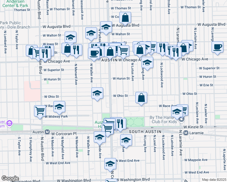 map of restaurants, bars, coffee shops, grocery stores, and more near 627 North Central Avenue in Chicago