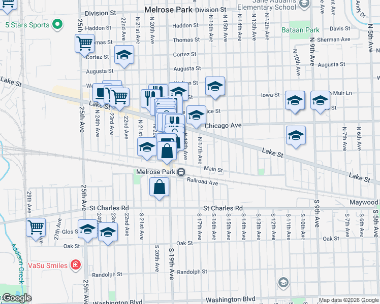 map of restaurants, bars, coffee shops, grocery stores, and more near 131 North 18th Avenue in Melrose Park