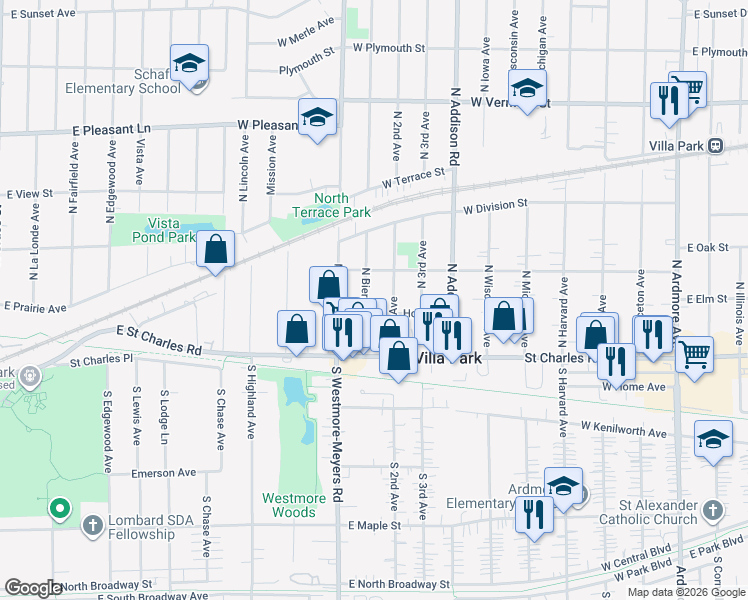 map of restaurants, bars, coffee shops, grocery stores, and more near 124 North 2nd Avenue in Villa Park