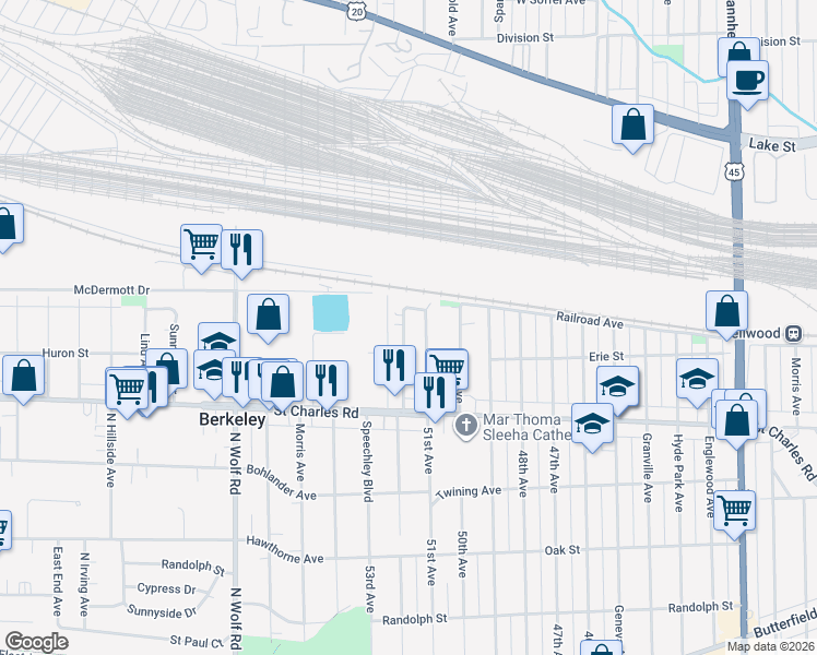 map of restaurants, bars, coffee shops, grocery stores, and more near 18 52nd Avenue in Bellwood