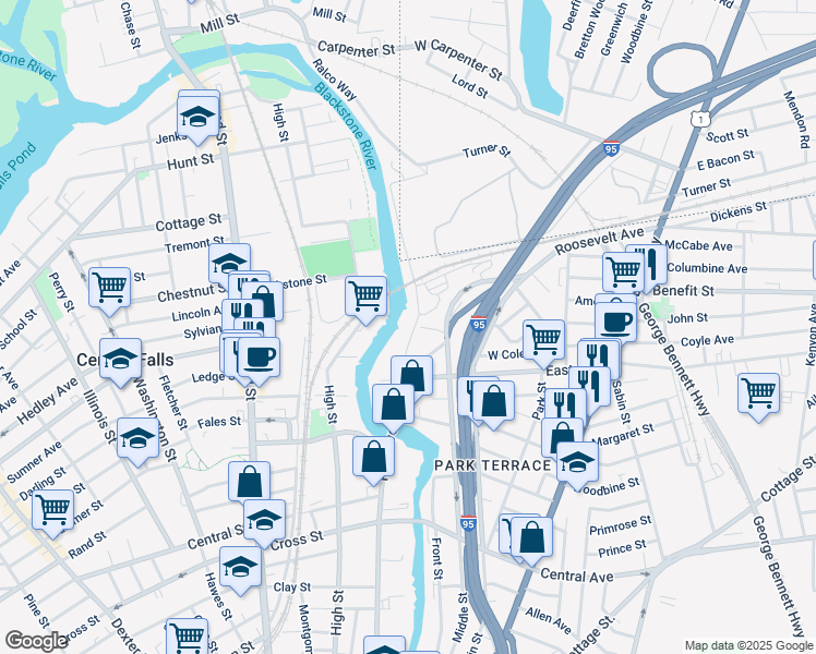 map of restaurants, bars, coffee shops, grocery stores, and more near 68 Branch Street in Pawtucket
