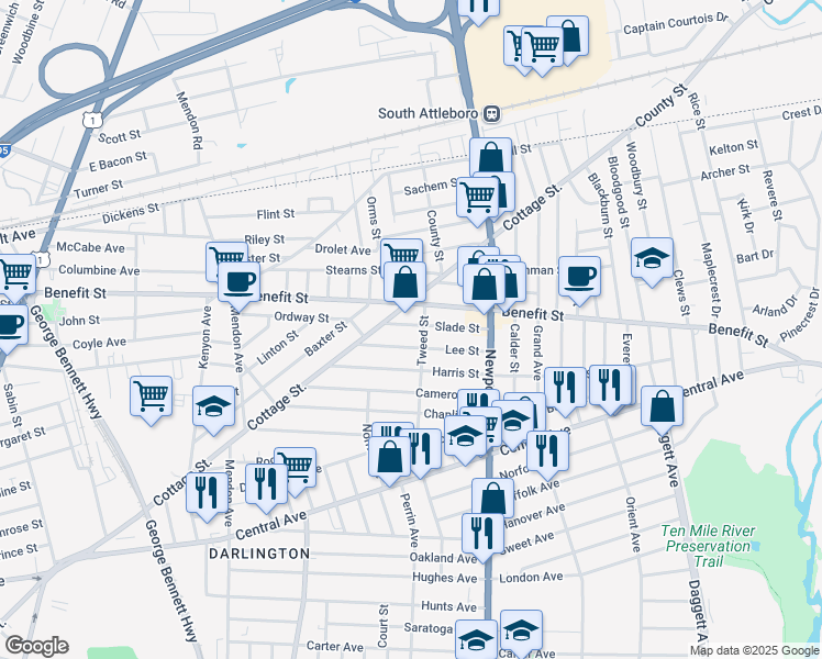 map of restaurants, bars, coffee shops, grocery stores, and more near 40 Slade Street in Pawtucket
