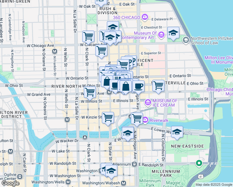 map of restaurants, bars, coffee shops, grocery stores, and more near 50 East Ohio Street in Chicago