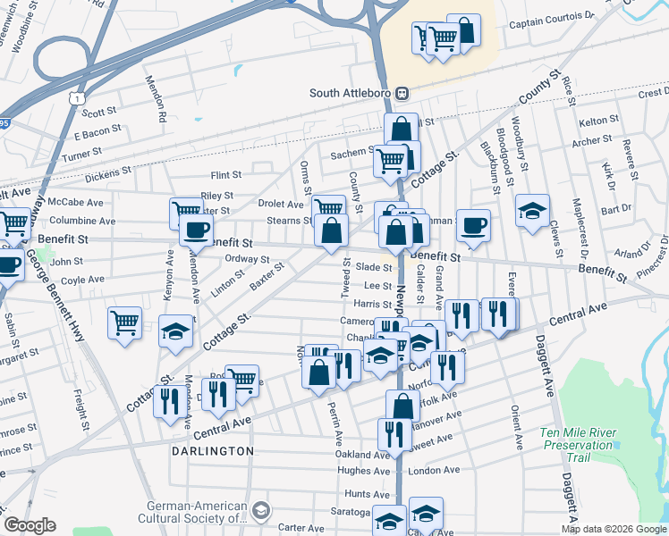 map of restaurants, bars, coffee shops, grocery stores, and more near 632 Cottage Street in Pawtucket
