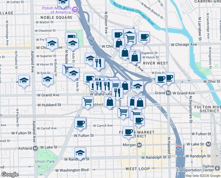 map of restaurants, bars, coffee shops, grocery stores, and more near 516 North May Street in Chicago