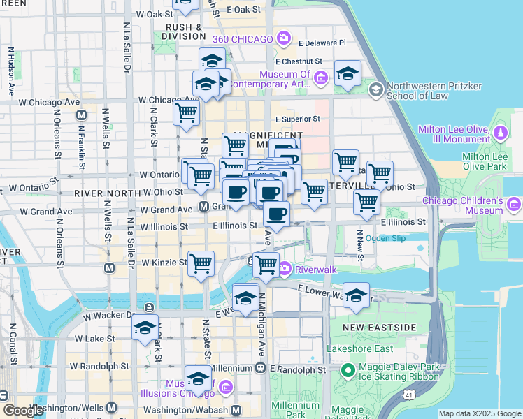 map of restaurants, bars, coffee shops, grocery stores, and more near 520 Lower Michigan Avenue in Chicago