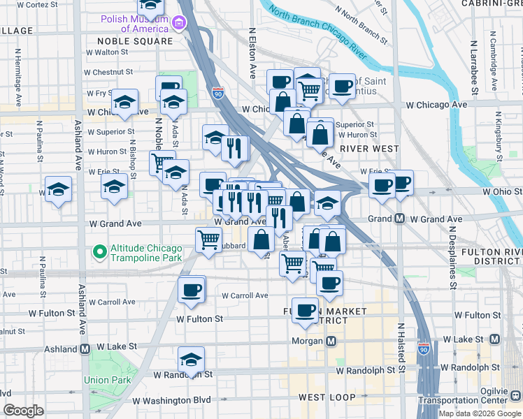 map of restaurants, bars, coffee shops, grocery stores, and more near 516 North May Street in Chicago