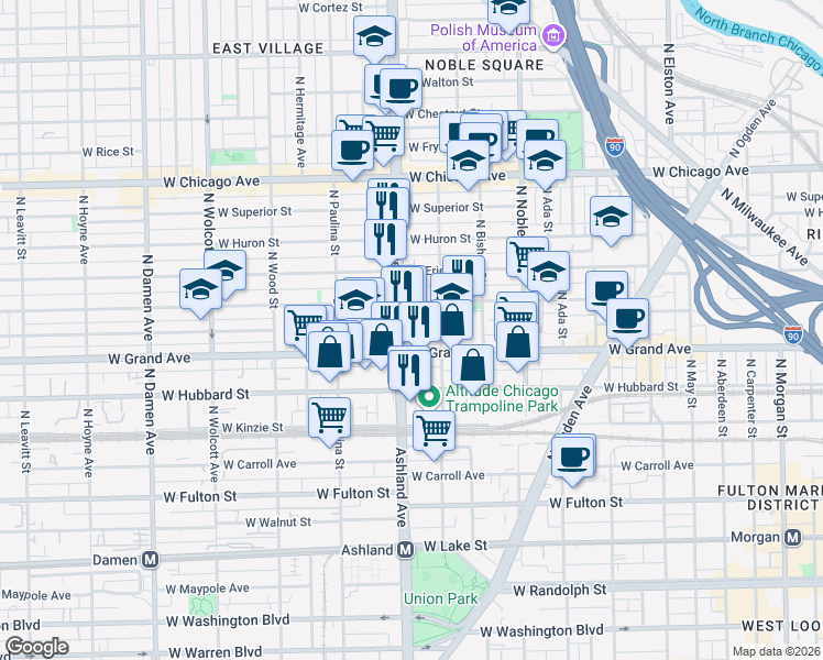 map of restaurants, bars, coffee shops, grocery stores, and more near 530 North Armour Street in Chicago