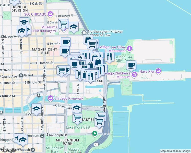 map of restaurants, bars, coffee shops, grocery stores, and more near 514 North Peshtigo Court in Chicago